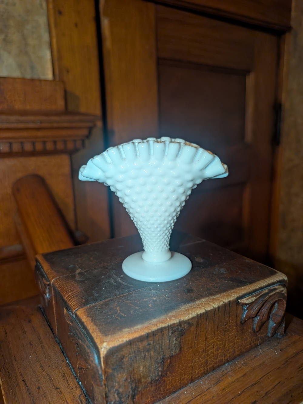 Fenton Hobnail Fan Vase, VTG Ruffle Milk Glass Pedestal Vase, White GrannyCore C